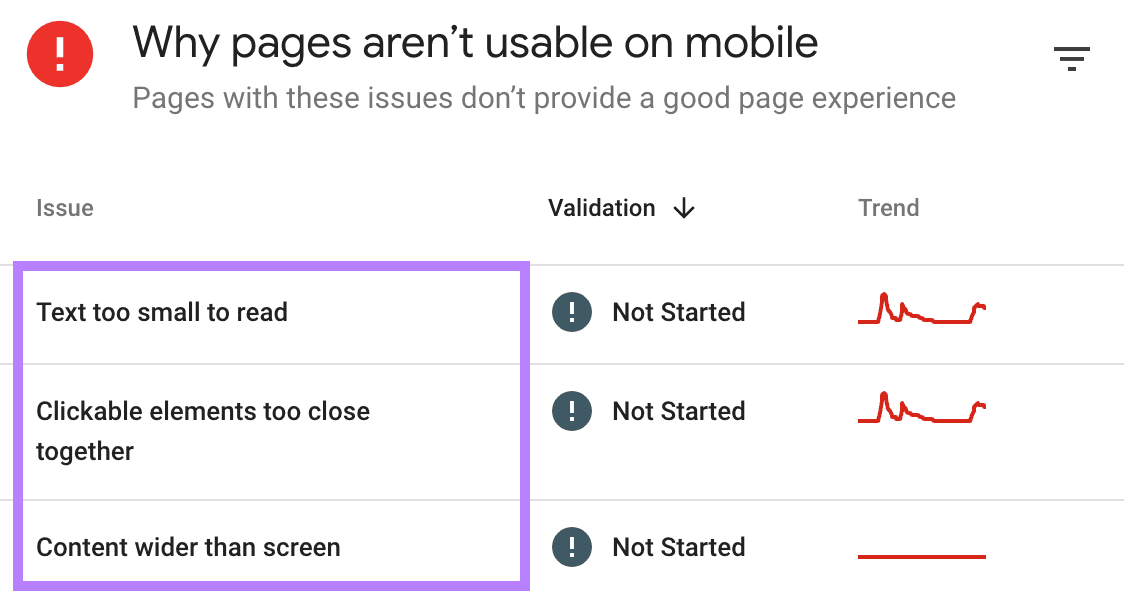 "Why pages aren't usable on mobile" section of “Mobile Usability” report