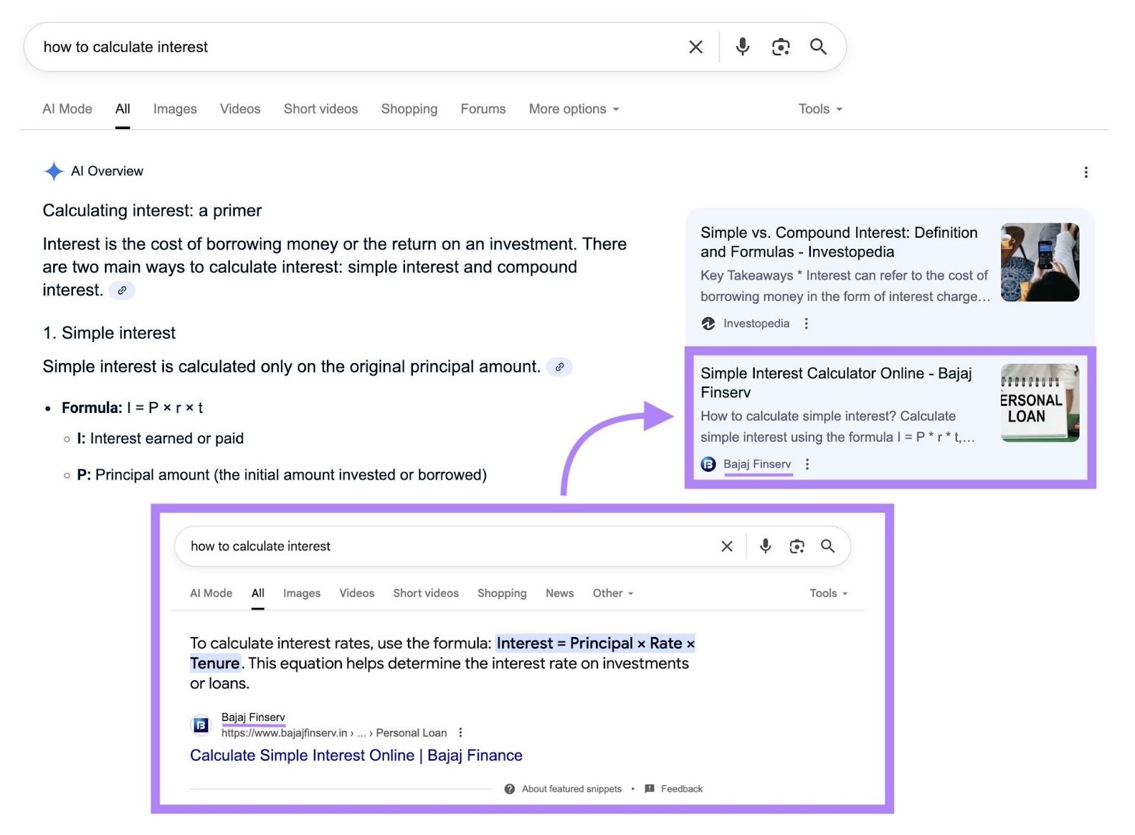 SERP para o termo "como calcular o interesse mostrando as Visões Gerais de IA do Google citando conteúdo que já foi otimizado para snippets.