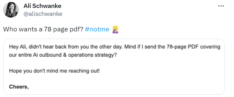 Ali Schwanke's post about a contact offering to send a 78-page PDF covering their AI outbound & operations strategy