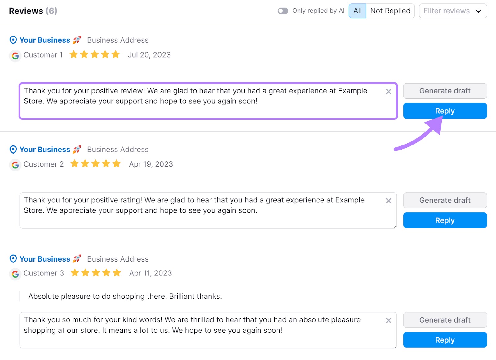 "Reviews" page in Semrush’s Review Management tool