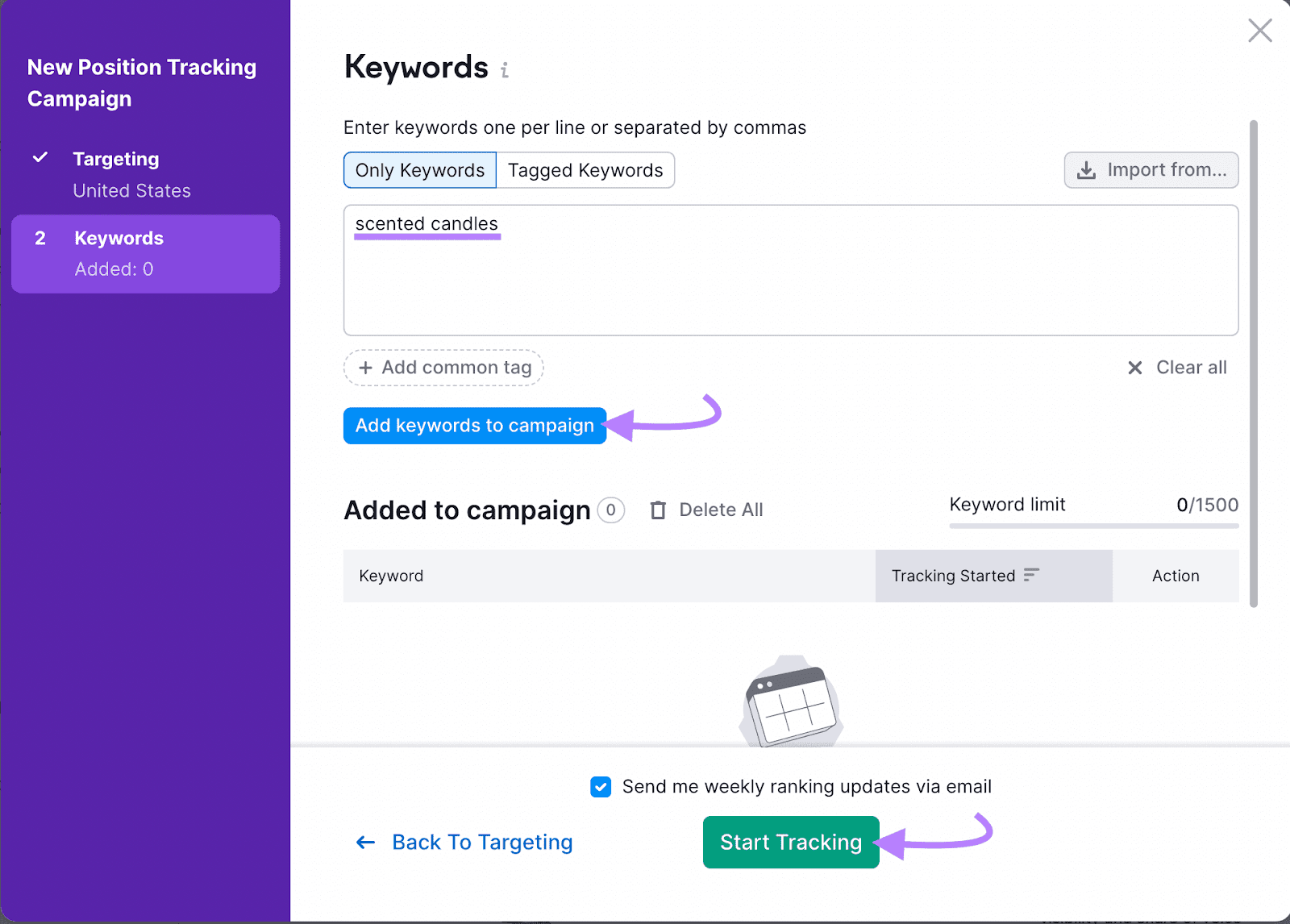 “Add keywords to campaign” and "Start Tracking" buttons highlighted