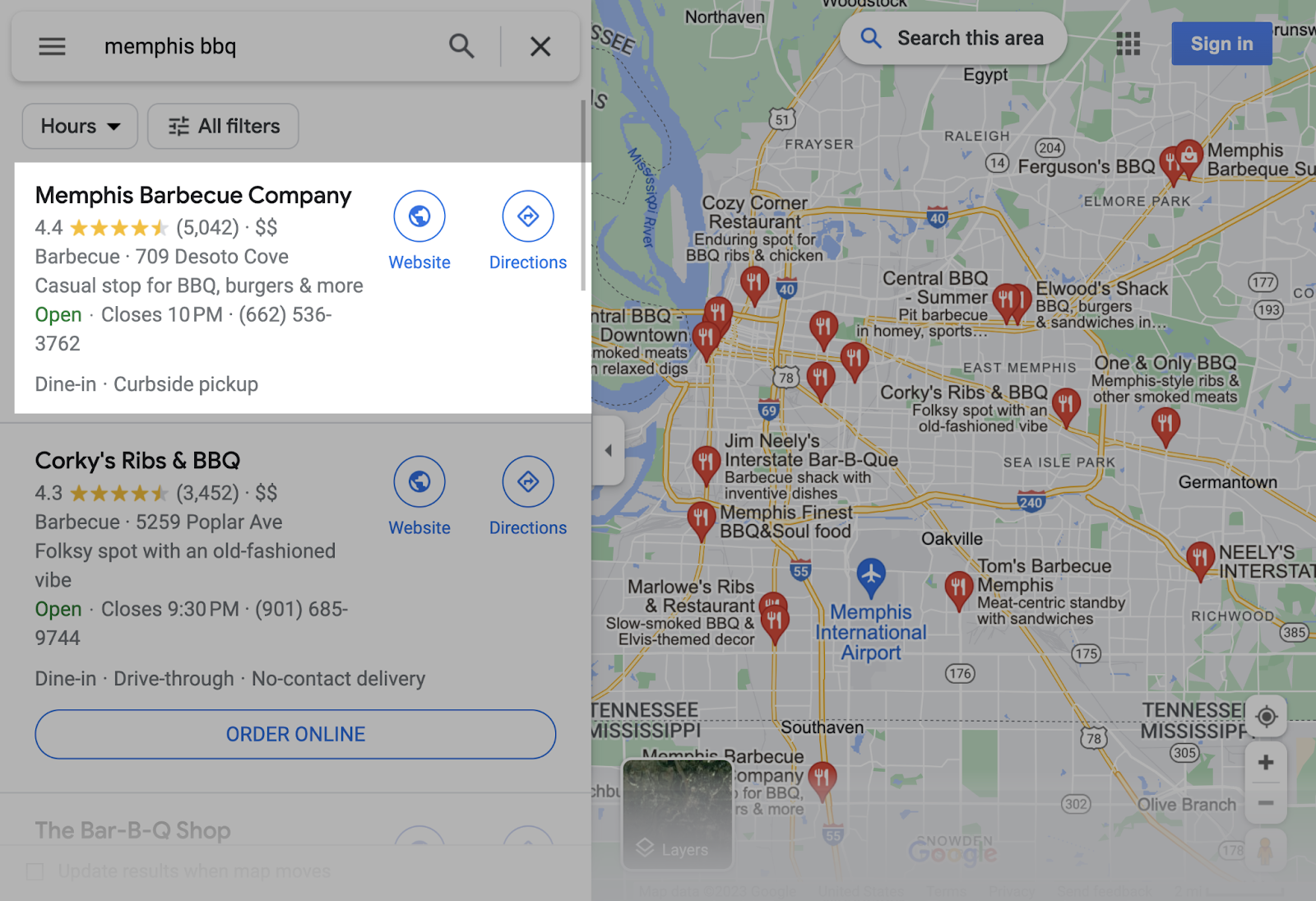 Memphis Barbecue Company’s website in Google Maps