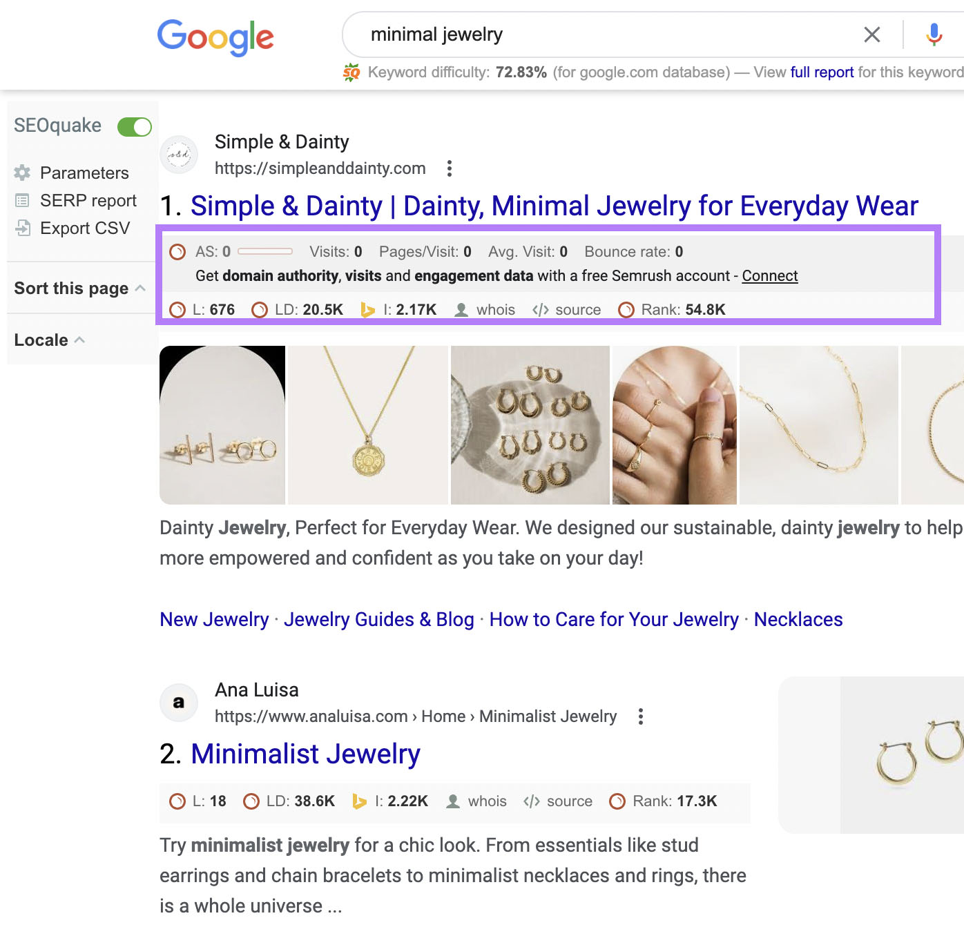 Google SERP for “minimal jewelry" query with SEOquake metrics below results