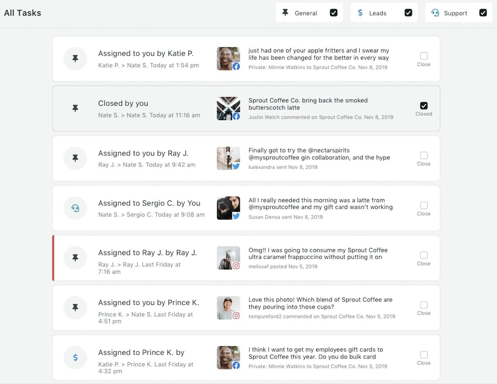 "All Tasks" page showing team activity in Sprout Social