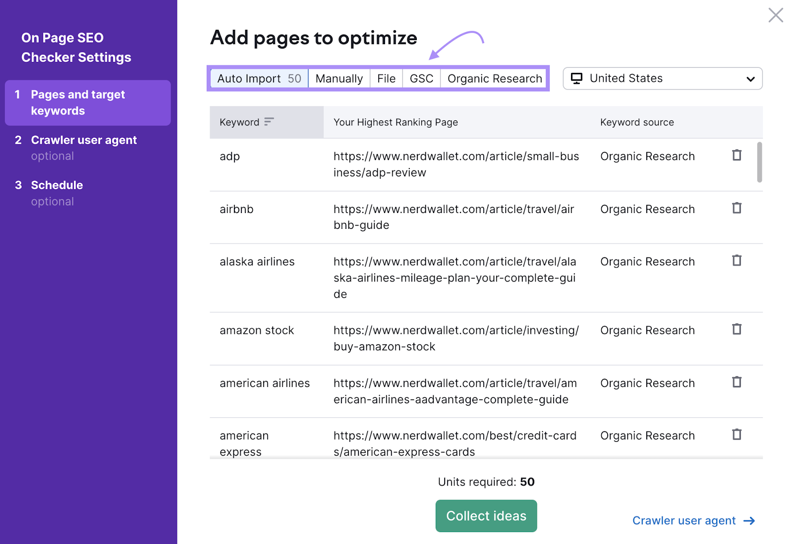 "Add pages to optimize" window in On-Page SEO Checker Settings