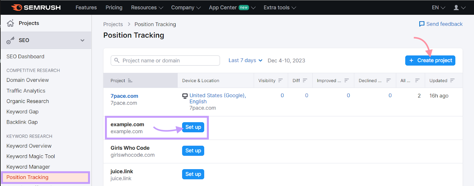 "Create project” fastener  successful  Position Tracking tool