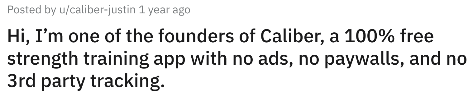 "Hola, soy uno de los fundadores de Calibre, una aplicación de entrenamiento de fuerza 100% gratuita, sin anuncios, sin muros de pago y sin seguimiento de terceros" headline