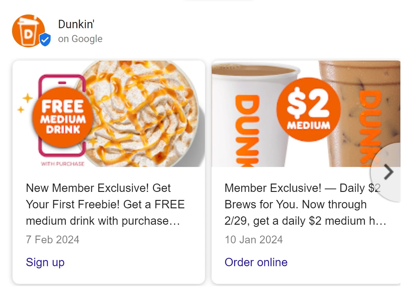 Posts on Google by Dunkin' to highlight deals for customers.
