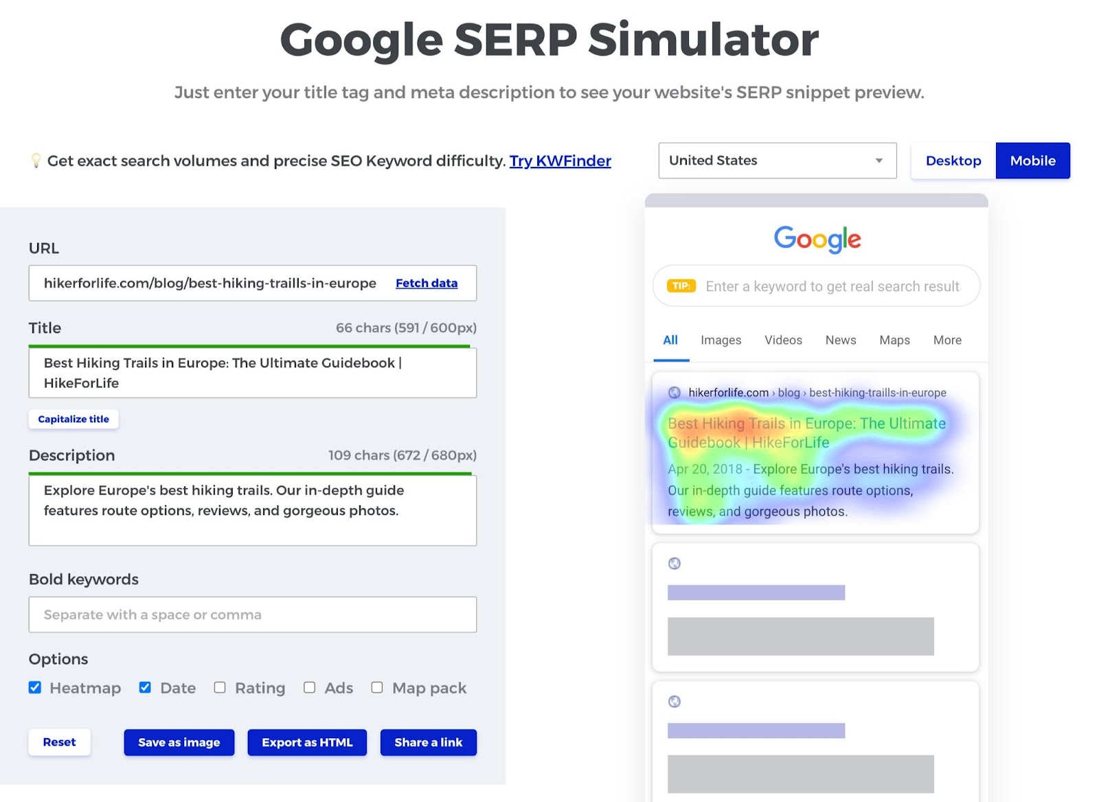 Google SERP Simulator showing a heatmap preview