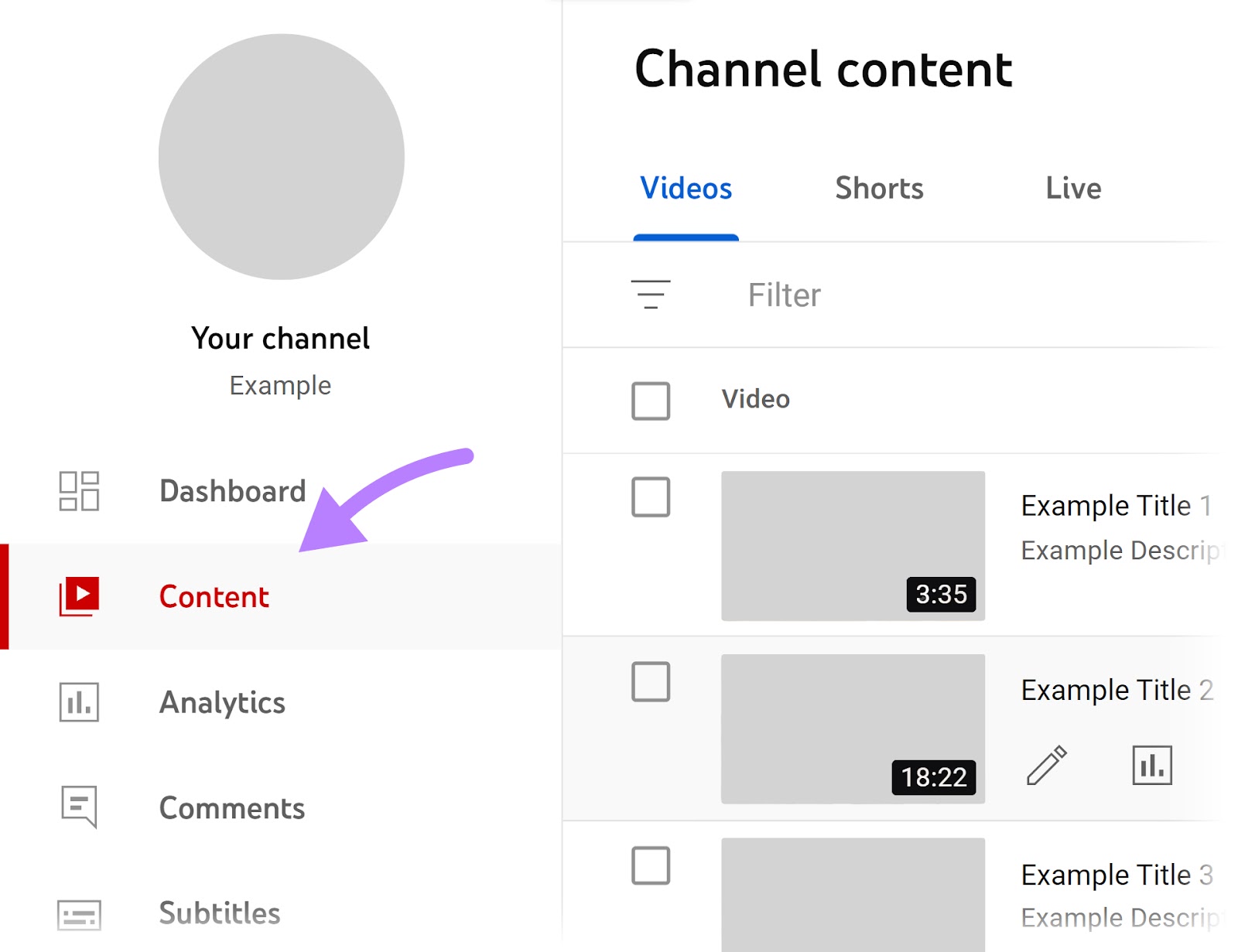 "Content" selected connected  the YouTube Studio dashboard