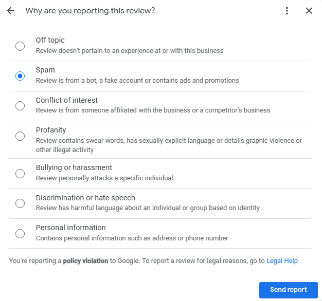 The Google review reporting interface.