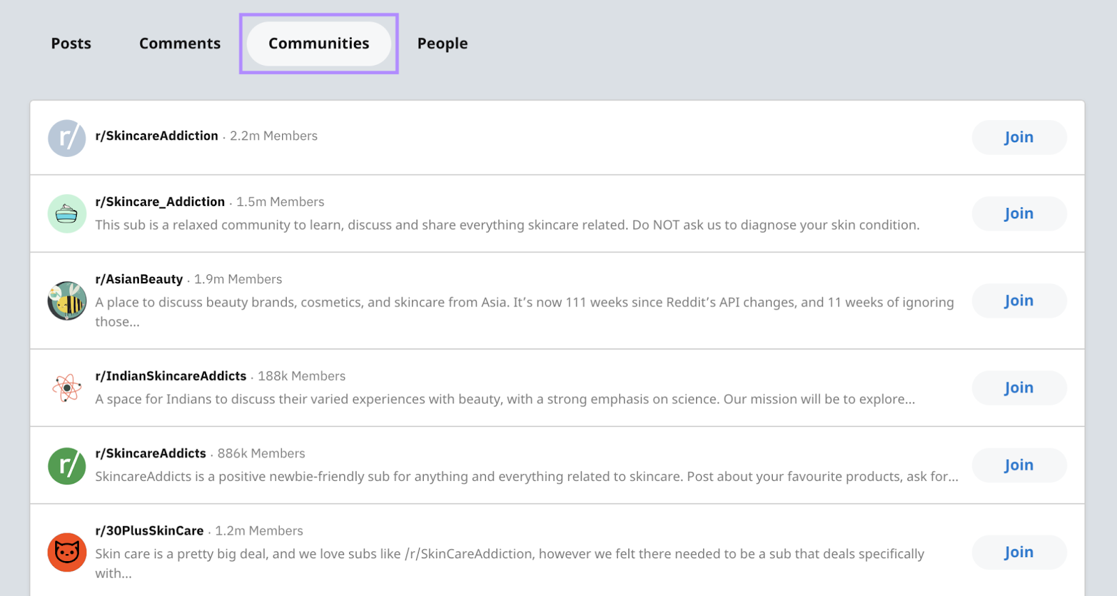 Reddit search for “skincare” with “Communities” filter