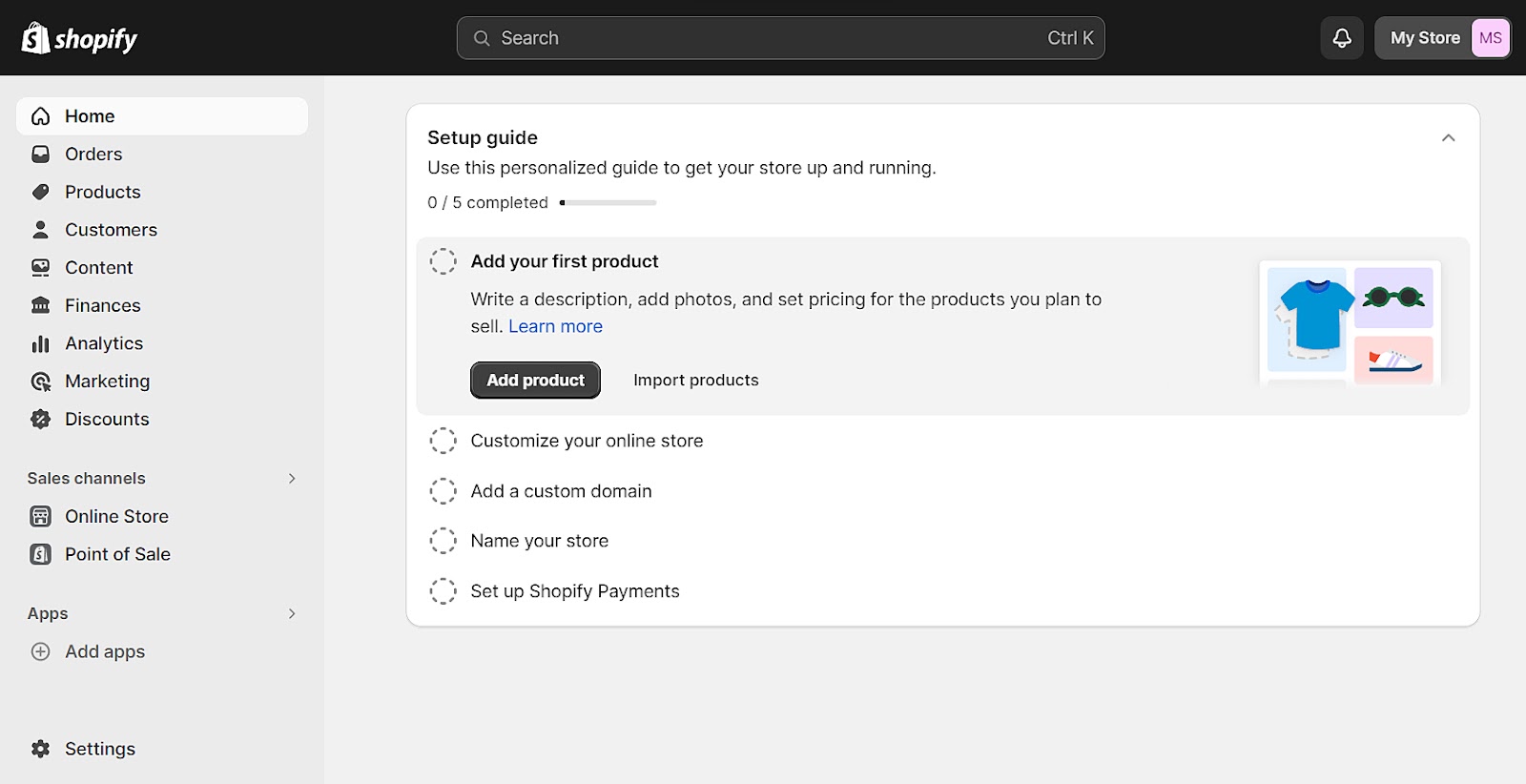 Shopify homepage, with setup guide
