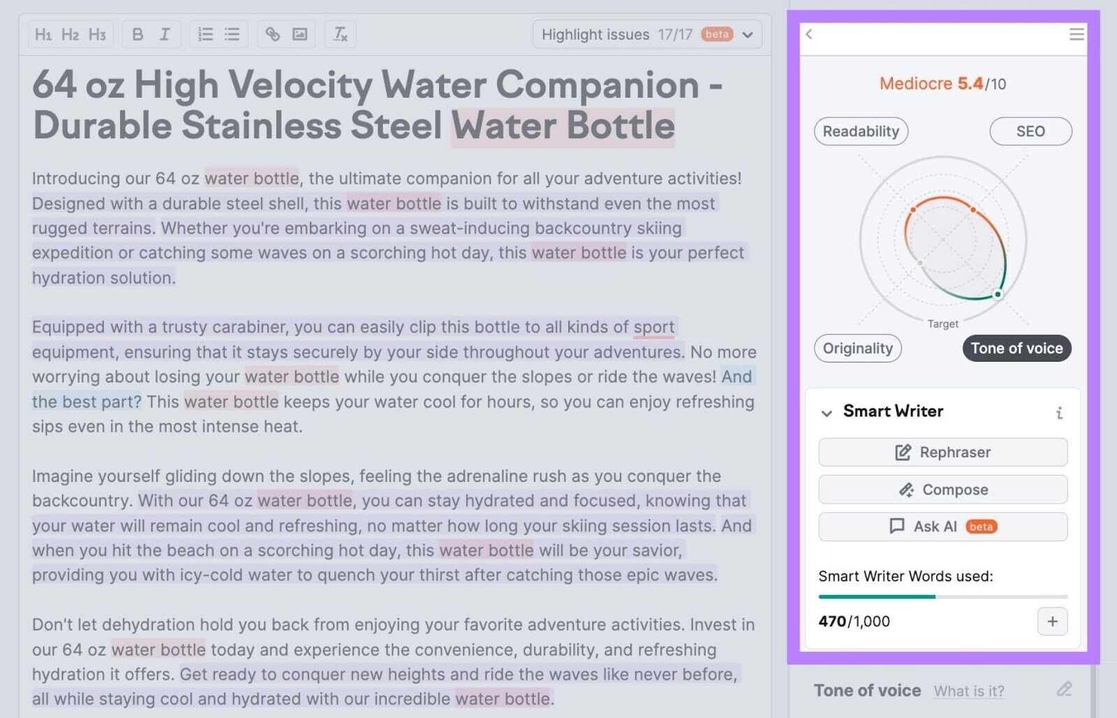 Smart Writer tools highlighted on the right side in SEO Writing Assistant