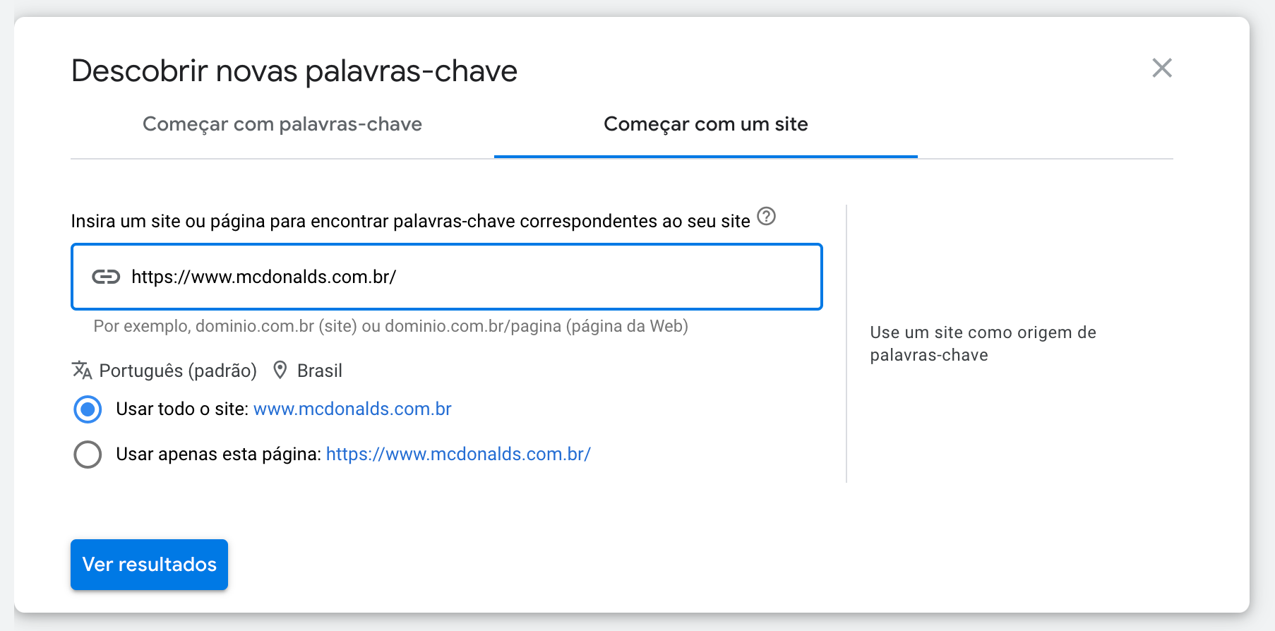 planejador de palavras-chave do Google - começar com um site