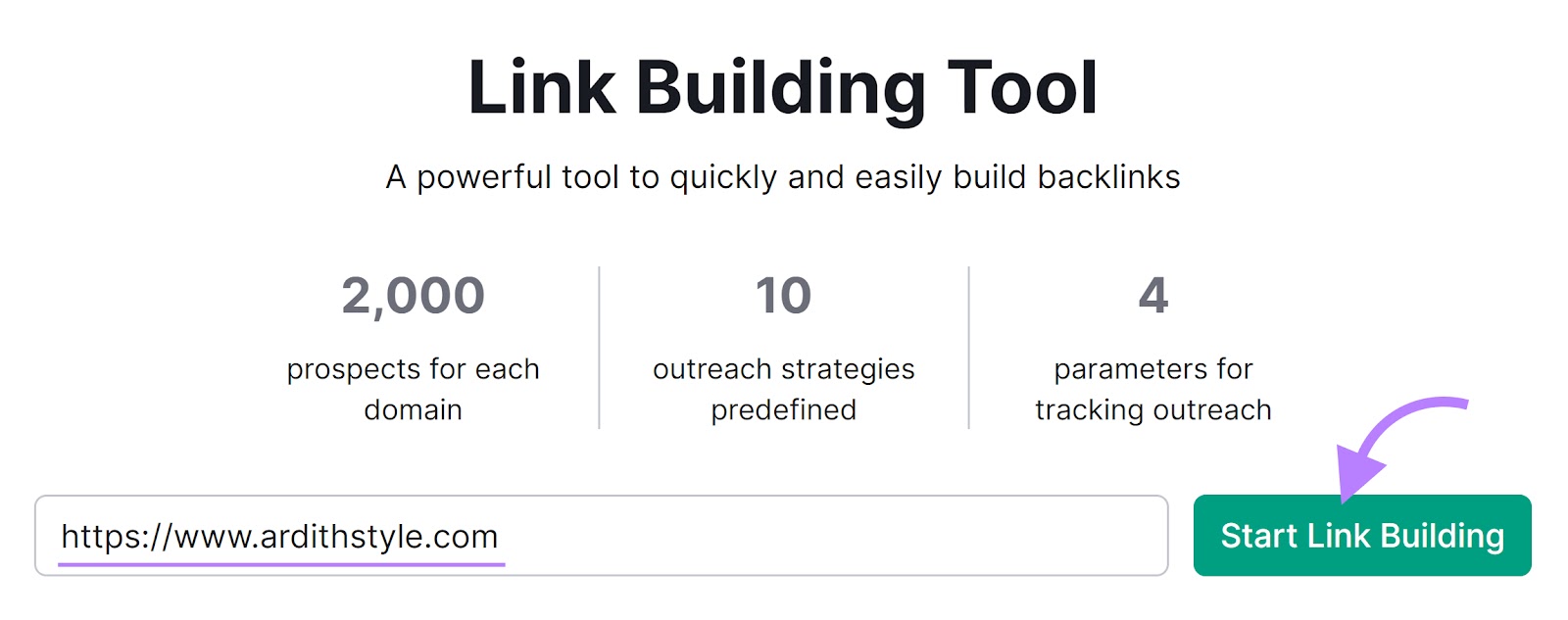 Link Building Tool with Ardith Style's URL and the "Start Link Building" button highlighted