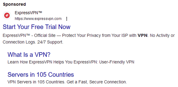 ExpressVPN's ad that appears for the query “VPN”