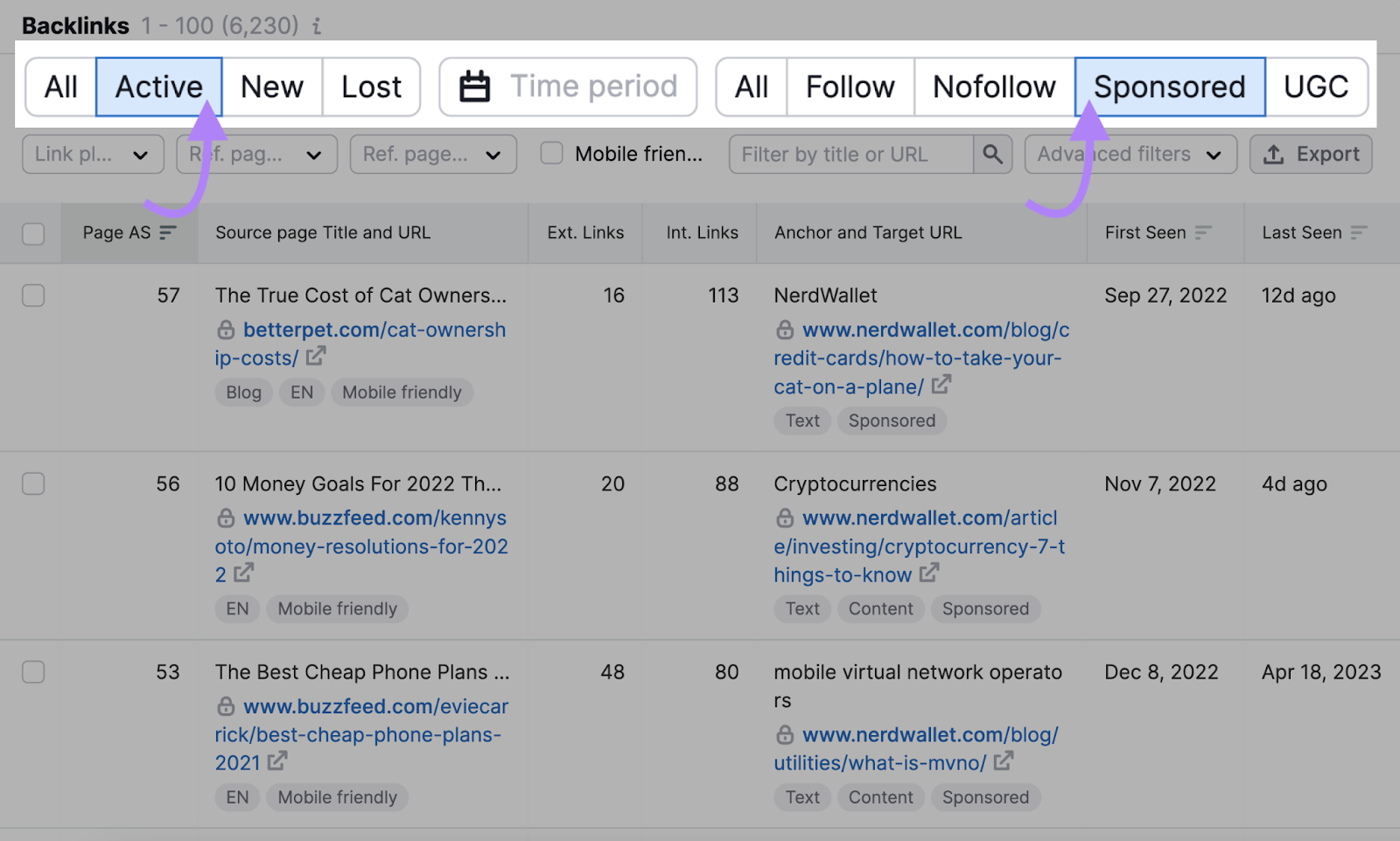 “Active” and “Sponsored” parameters selection