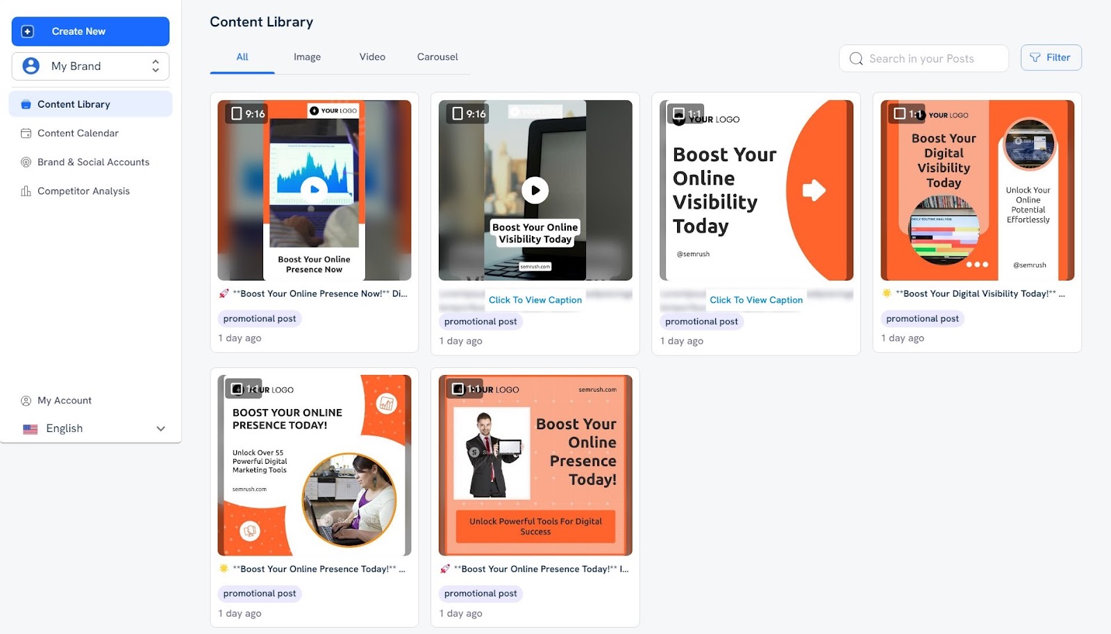 Content Library on AI Social Content Generator showing all the different posts created by AI.