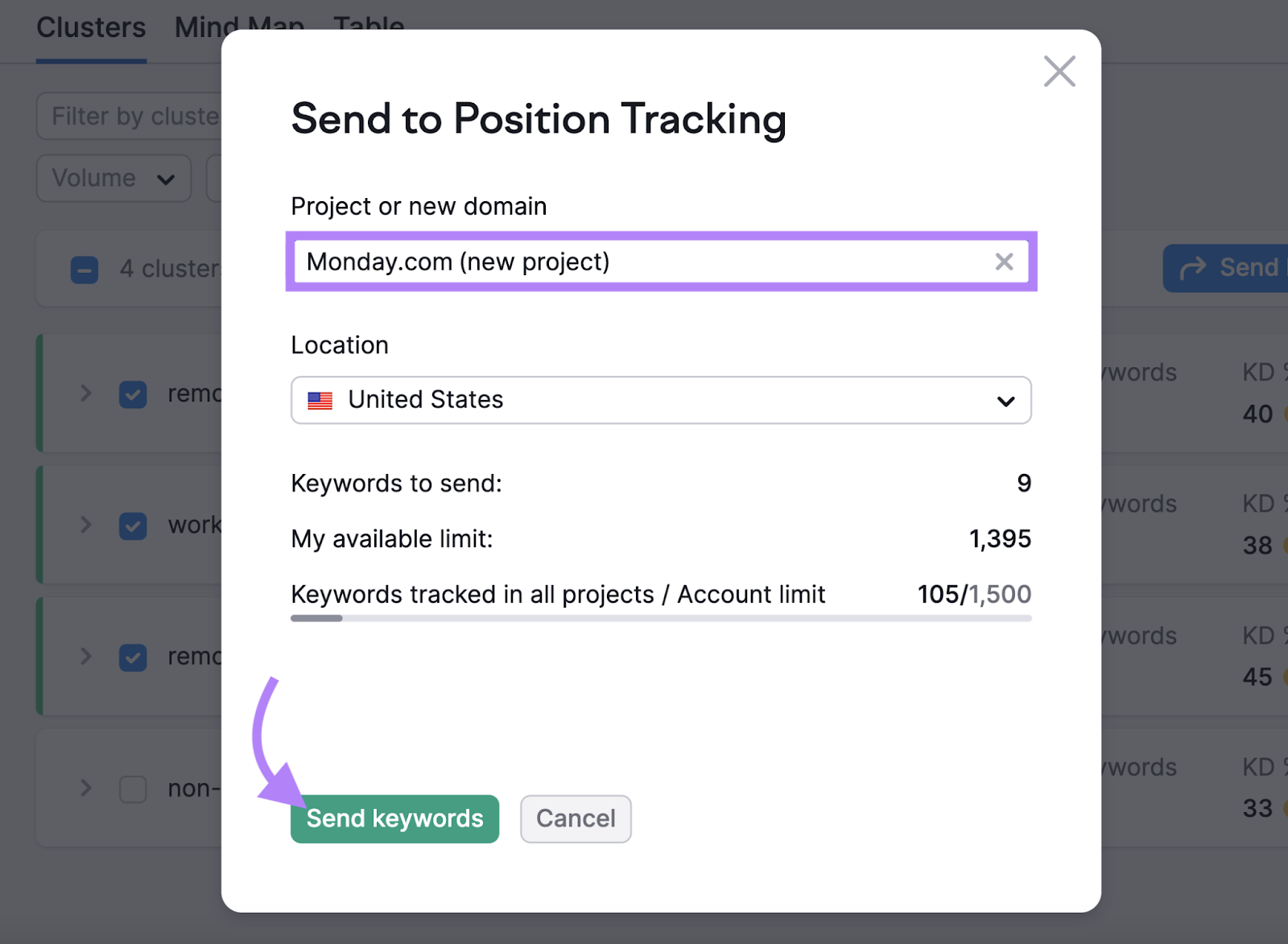 "Send to Position Tracking" pop-up window