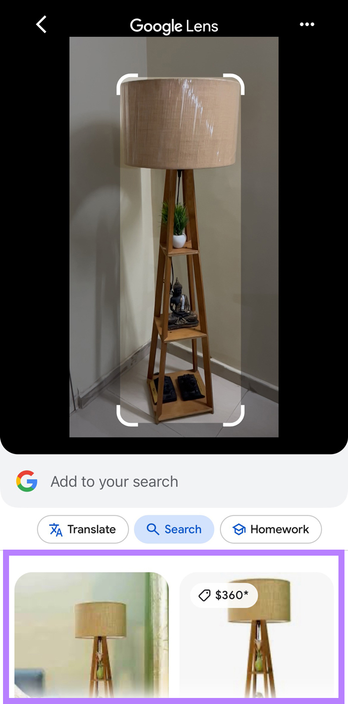 An representation  of a lamp uploaded to the Google Lens, showing results below