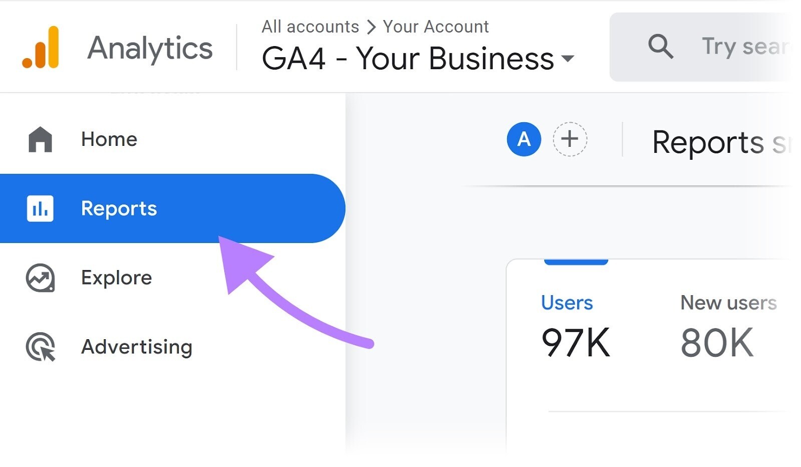 “Reports” button highlighted in the left-hand menu of GA4