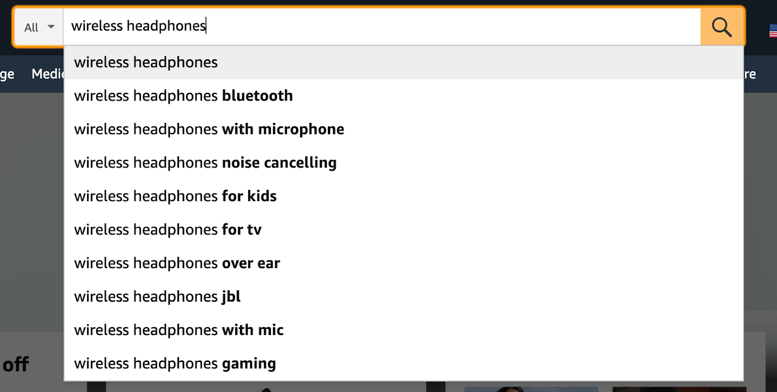 Amazon’s search feature suggestions when typing "wireless headphones"