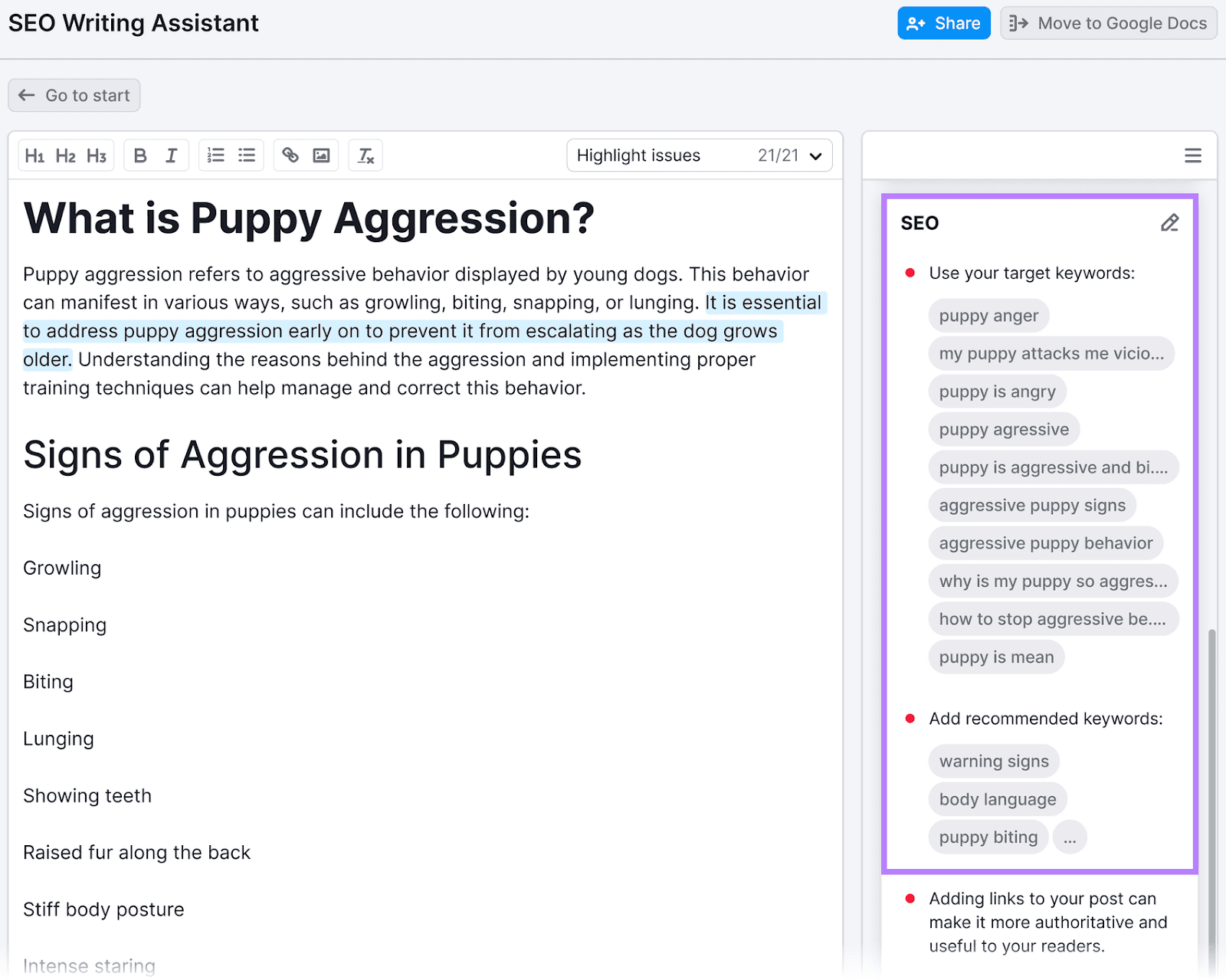 SEO Writing Assistant showing an article draft on puppy aggression and related SEO keyword suggestions.