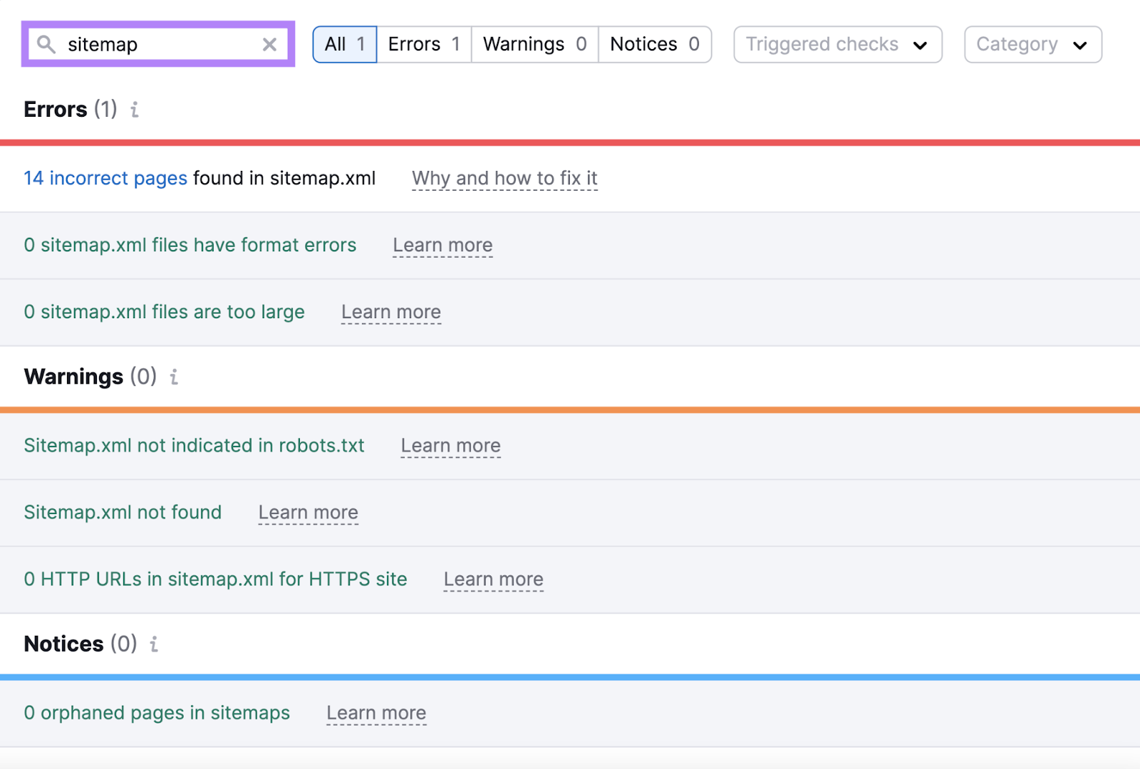 website sitemap issues recovered  successful  tract  audit see  incorrect pages, format errors, not found, and orphaned pages