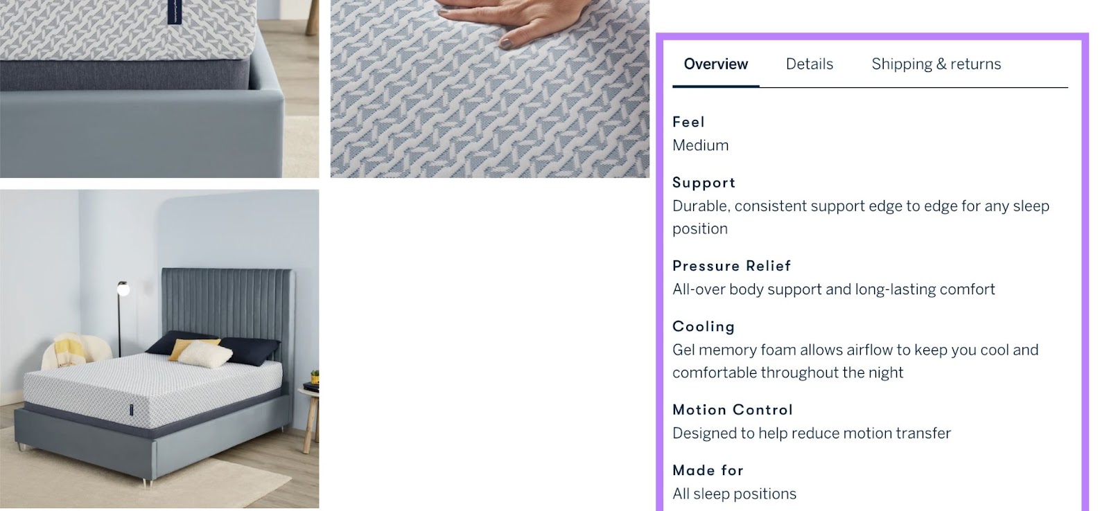 Serta's product page, showing detailed information about the mattress’s features and benefits