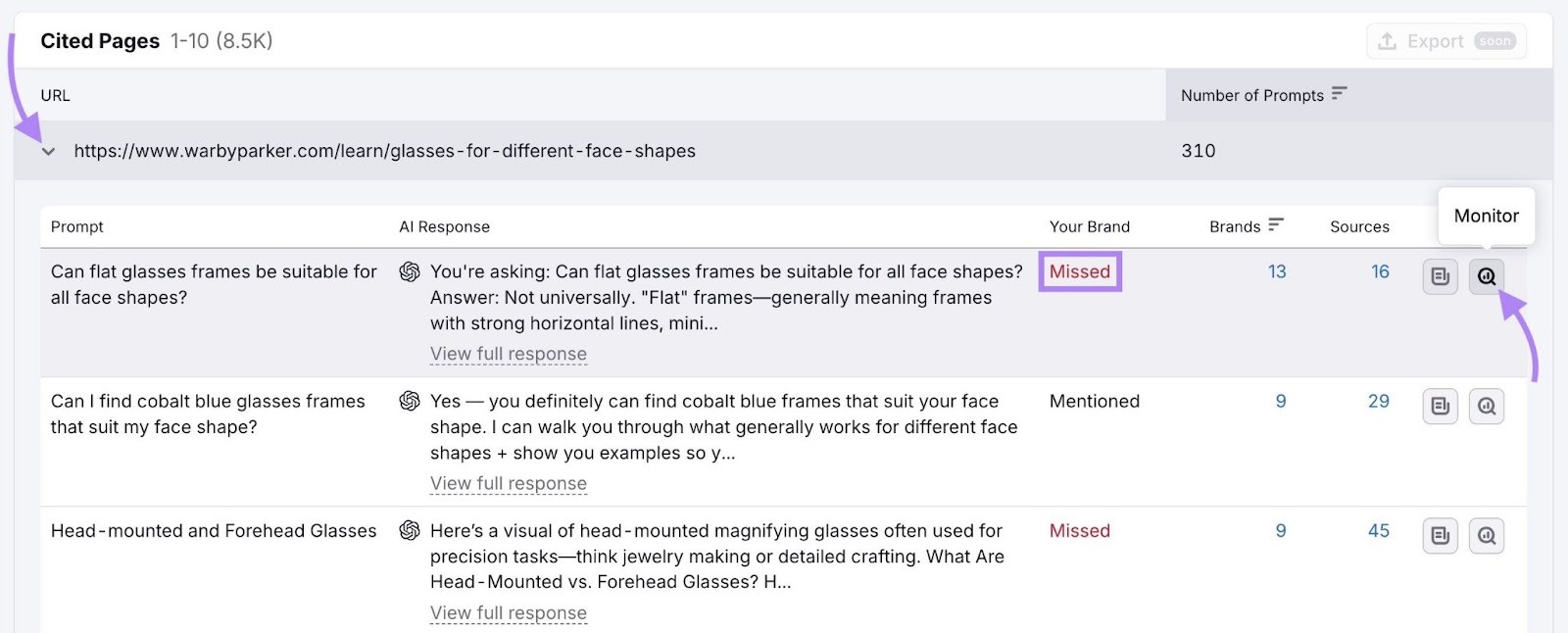 Une URL a été développée dans le rapport des pages citées, puis un clic sur « Surveiller » a permis de suivre une mention de marque manquée.