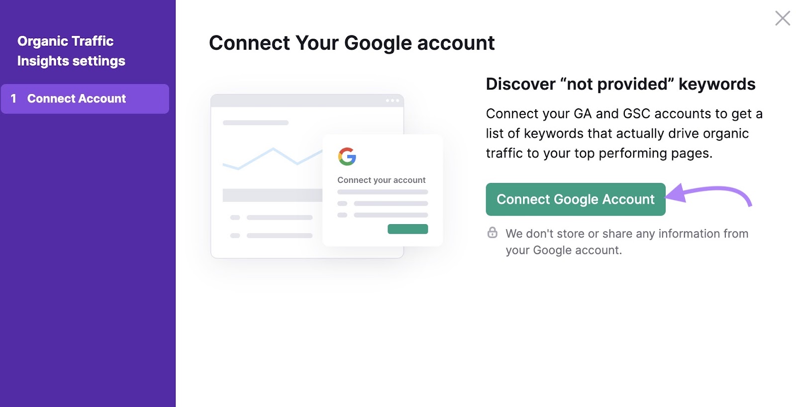Organic traffic insights settings prompting you to connect your Google account to discover your top performing pages.