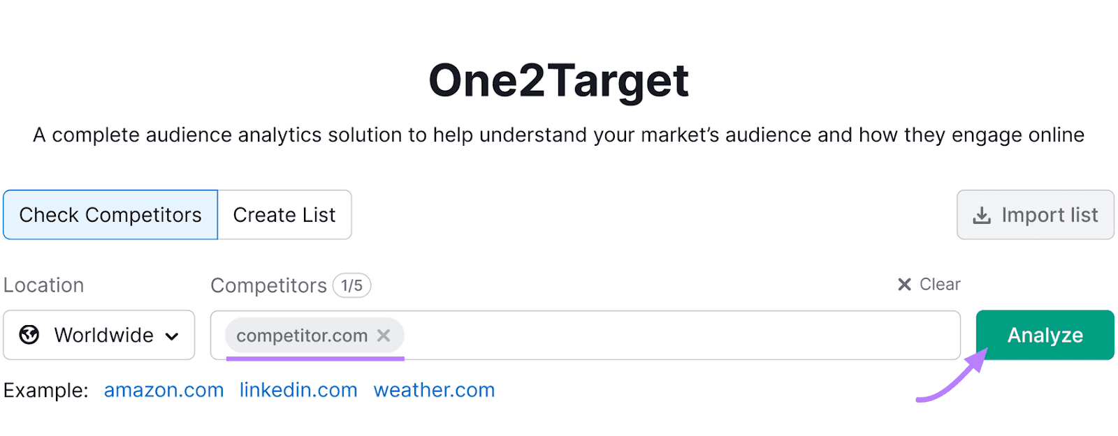 One2Target web interface showing analytics tool options with sections for competitors, location, and an "Analyze" button.