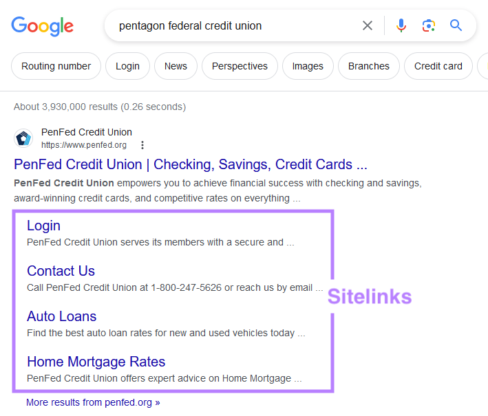 Search results for “pentagon federal credit union” showing sitelinks under the top result