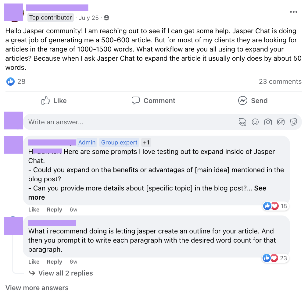 Facebook post from an user asking for help with using Jasper