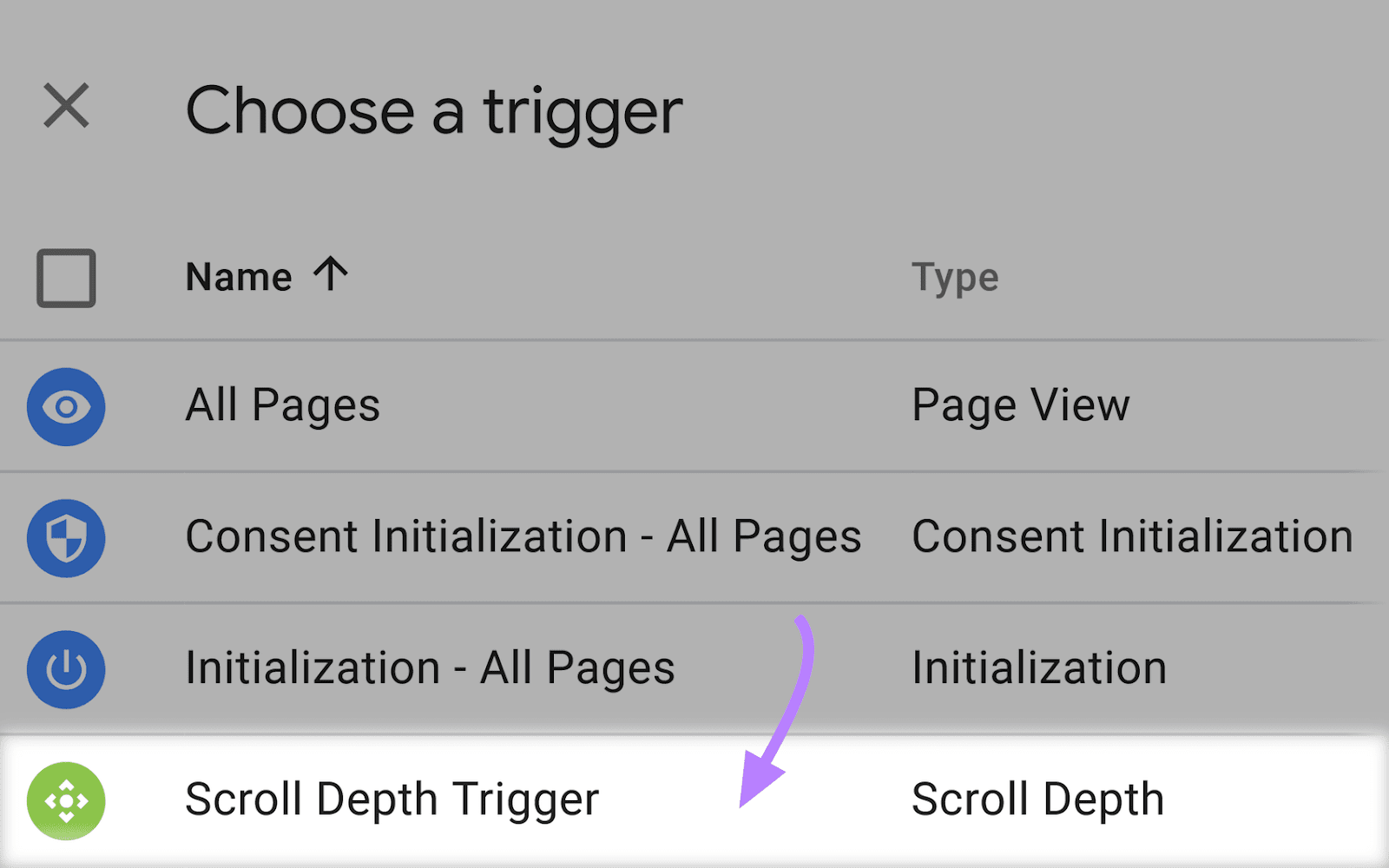 "Scroll Depth Trigger" selected under "Choose a trigger" window