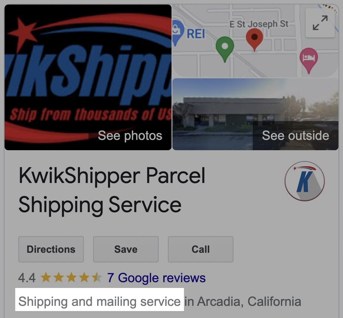 “Shipping and Mailing Service” category under GBP