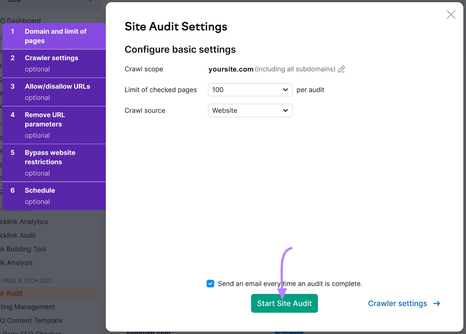 Site Audit Settings page with "Start Site Audit" button highlighted