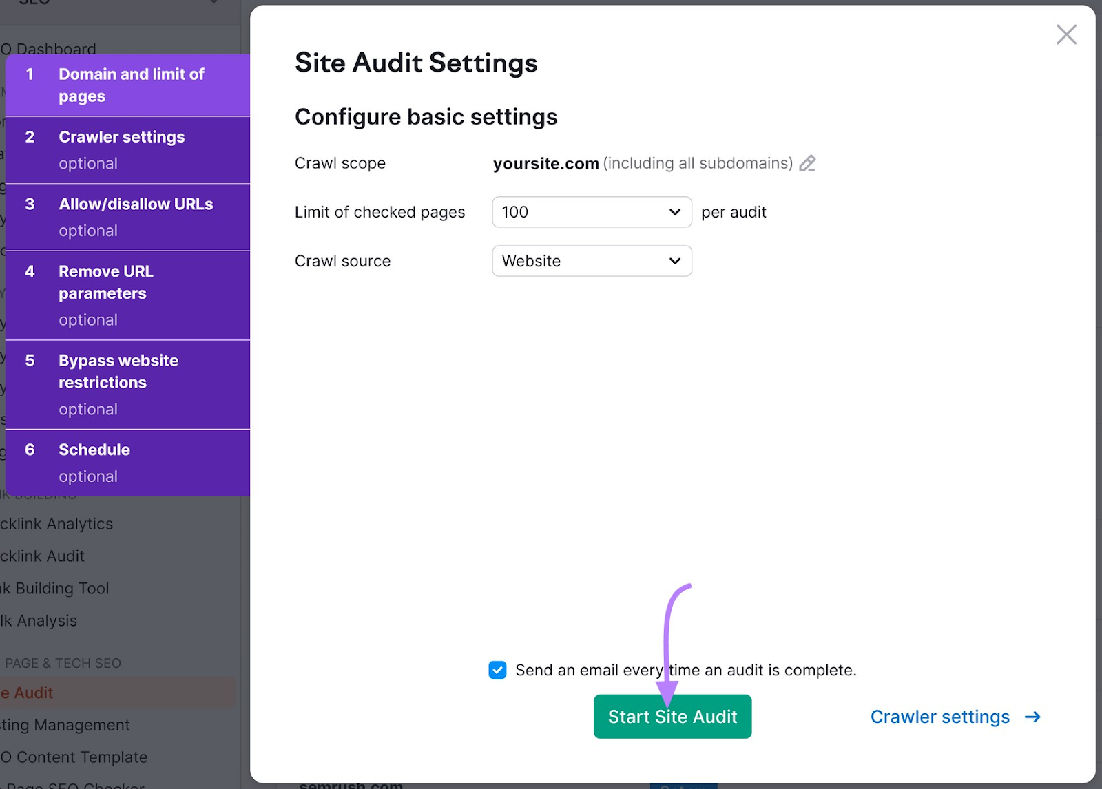 Página de Configuración de la Auditoría del Sitio con el botón "Iniciar Auditoría del Sitio" resaltado