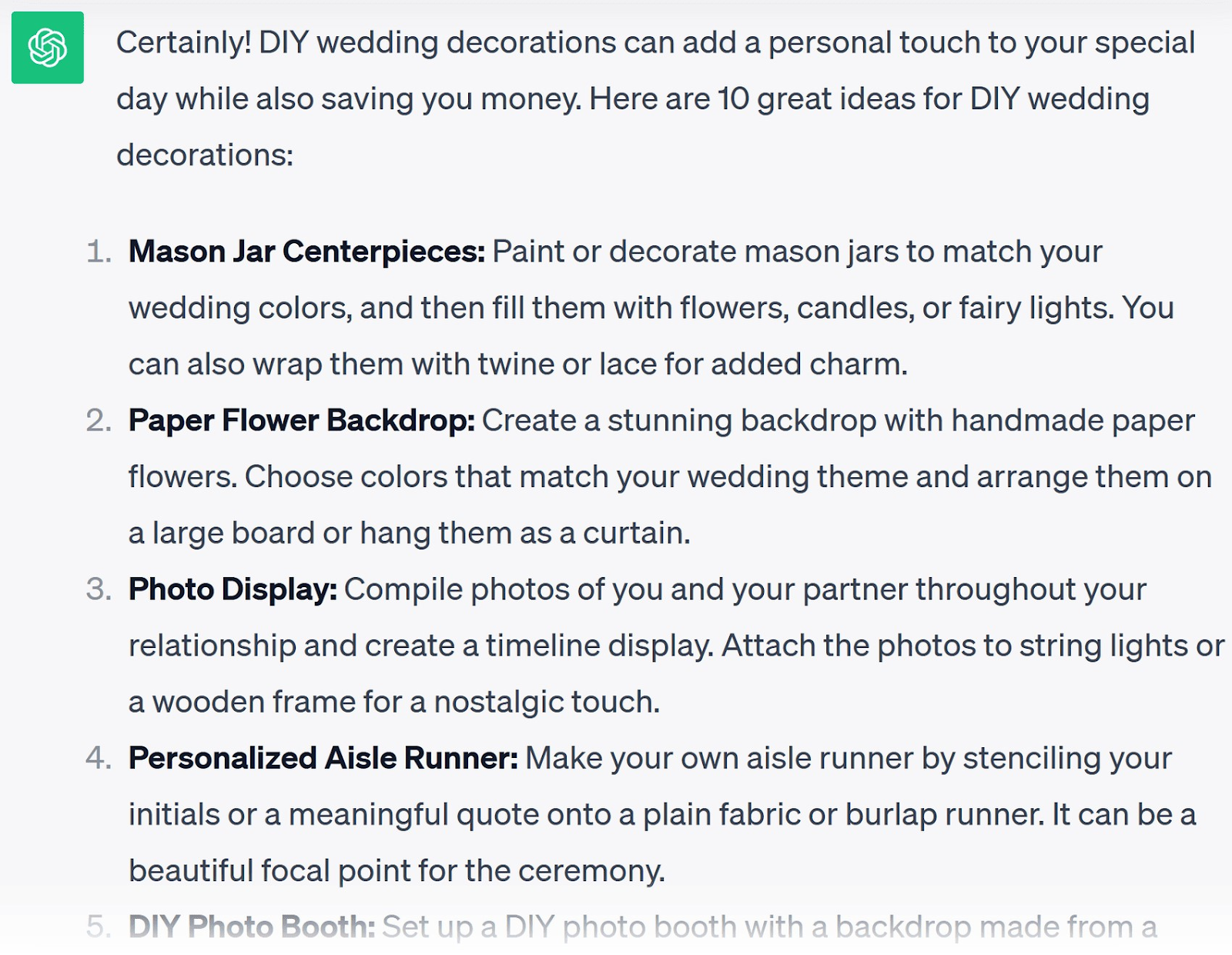 ChatGPT's response to “I need 10 great ideas for diy wedding decorations” prompt