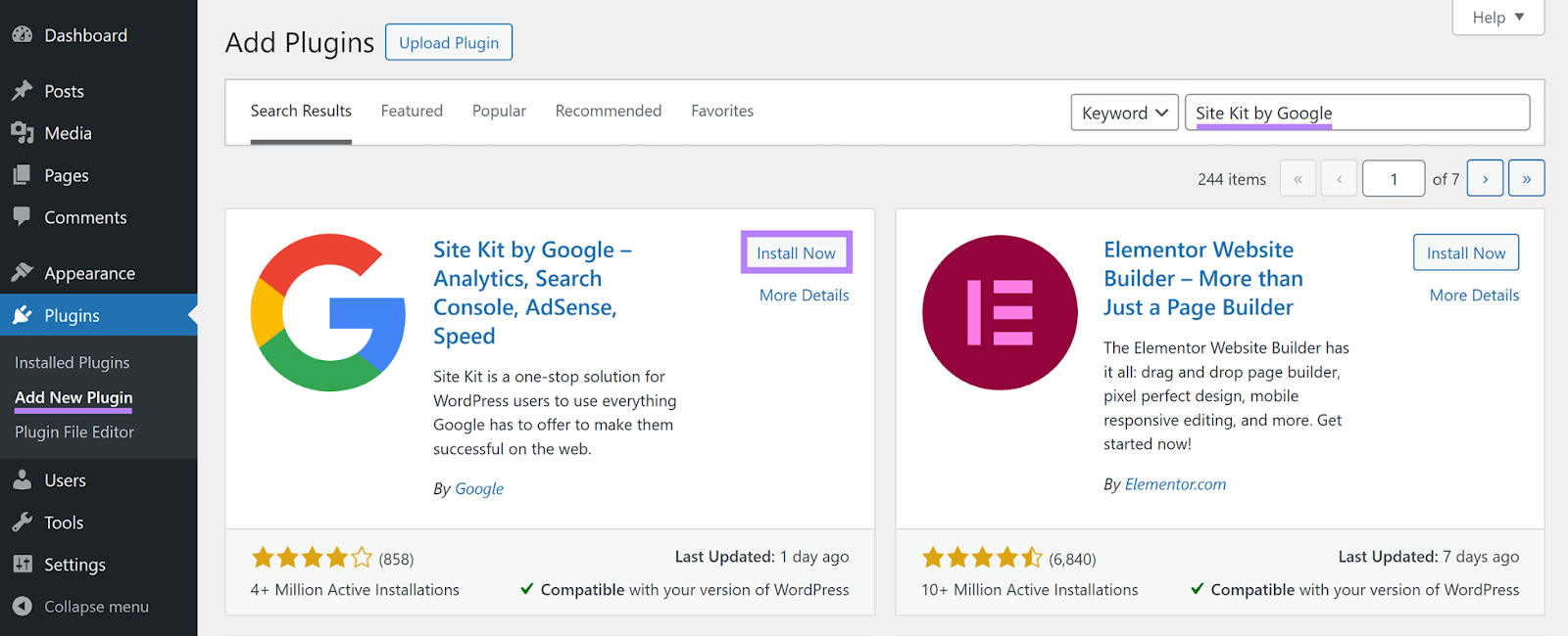 Add Plugins page in WordPress admin with 'Site Kit by Google' in search field and 'Install Now' button highlighted