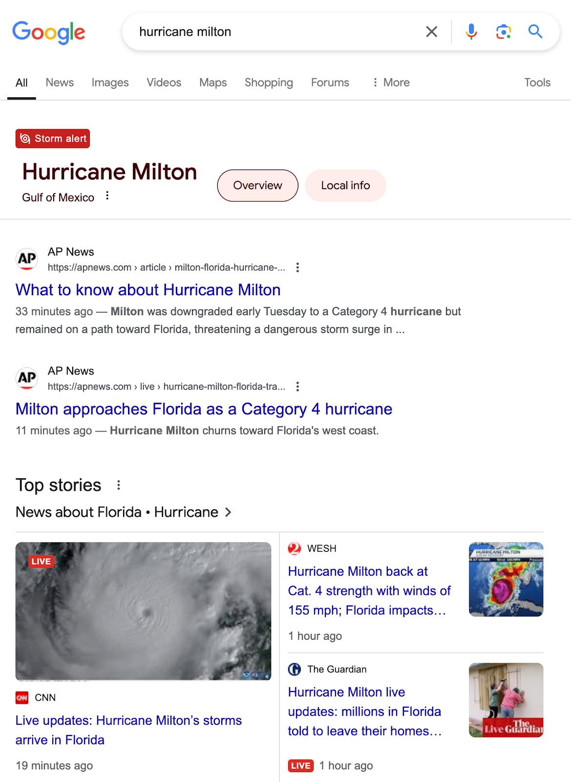 SERP for "hurricane milton" shows a storm alert and AP News articles updated 33 and 11 minutes ago.