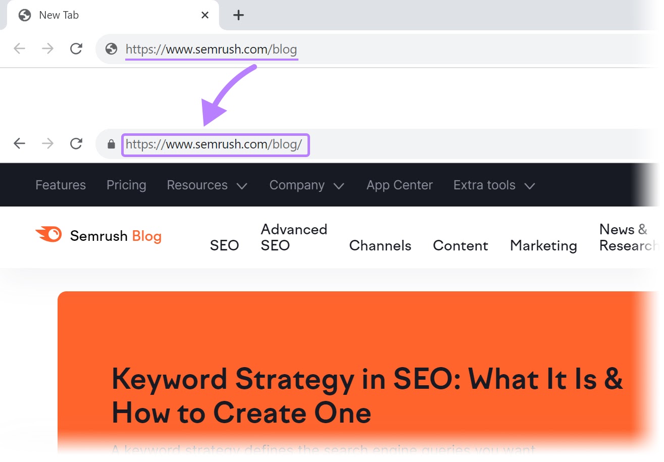 A redirect to “https://www.semrush.com/blog/” page