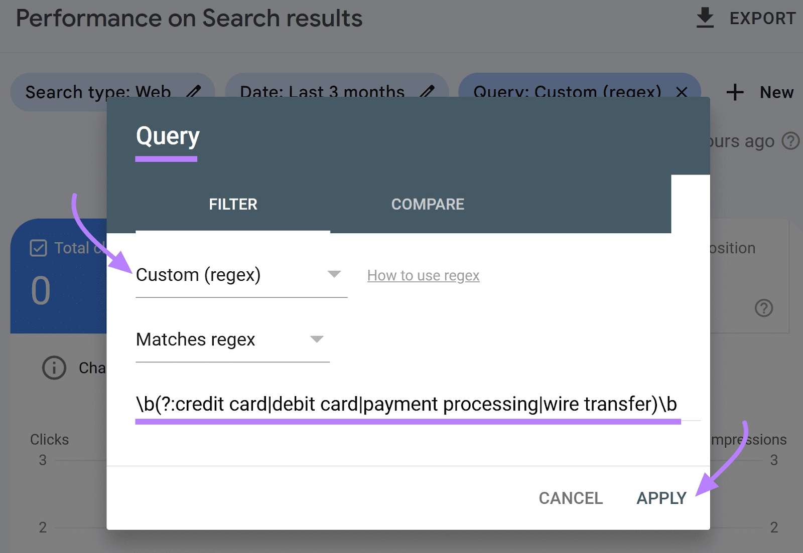 Ventana emergente "Consulta" en Google Search Console