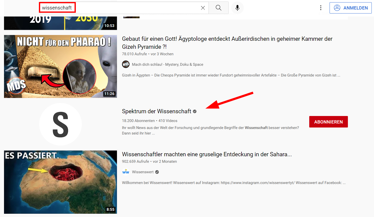 Screenshot: YouTube-Suche