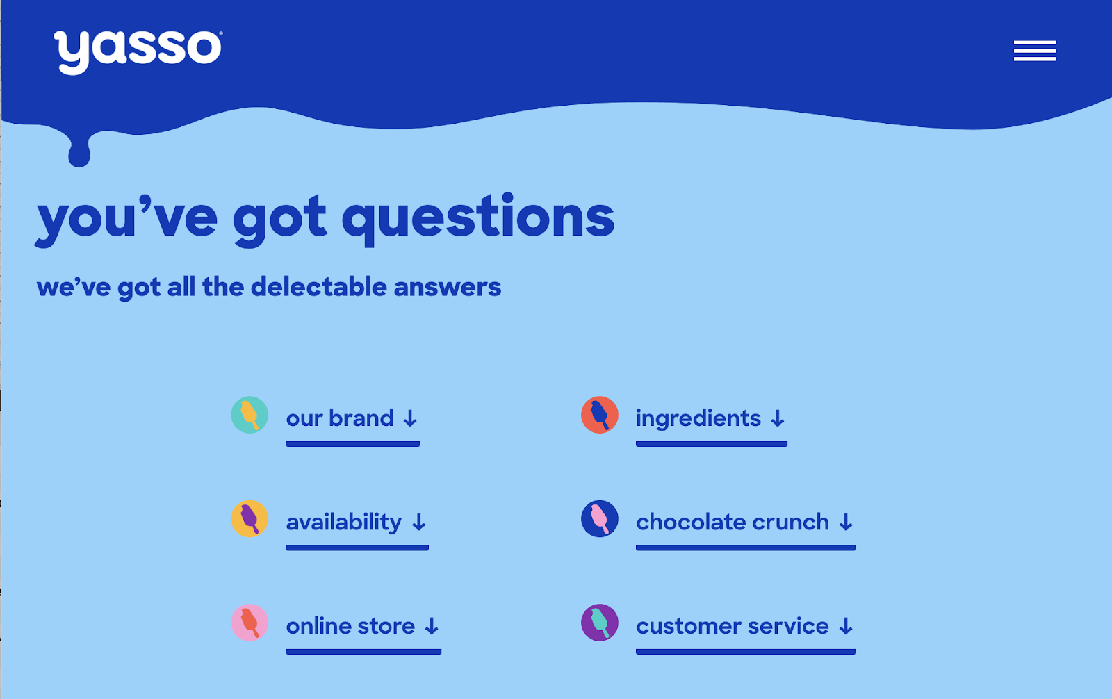 yasso lists topics to help you navigate the faqs such as ingredients, availability, and the brand