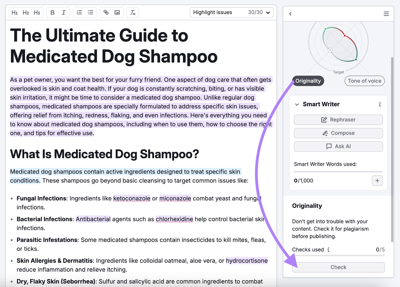 Originality appears with other checks like tone of voice, SEO, and readability.