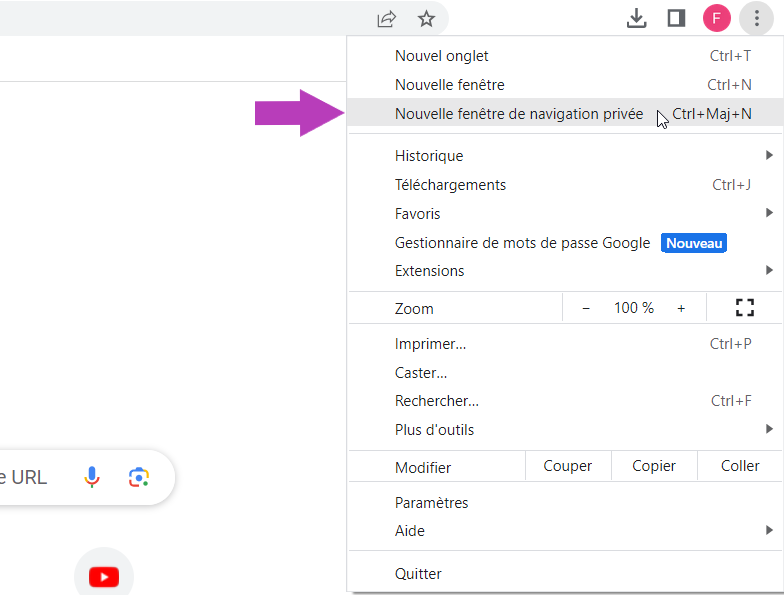 Ouvrir une fenêtre de navigation privée dans la navigateur Chrome