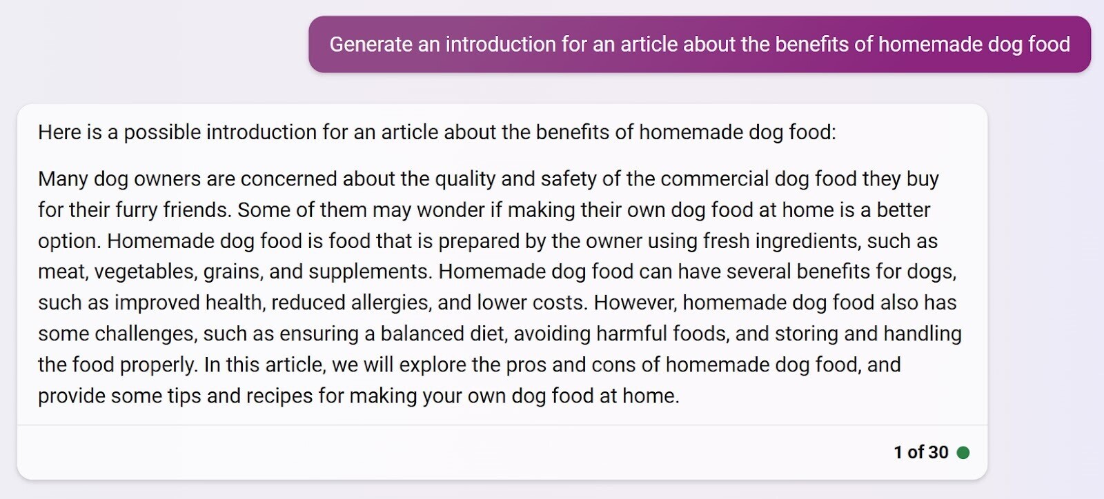 “Generate an introduction for an article about the benefits of homemade dog food” query in Bing