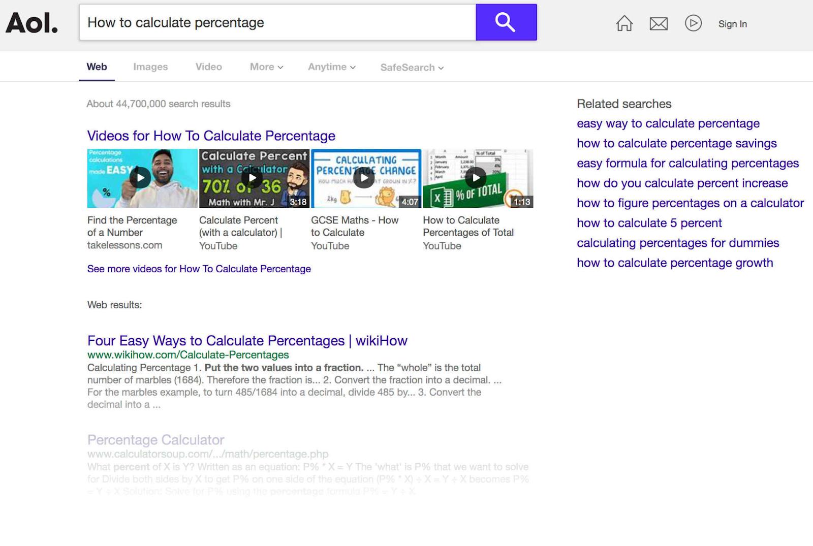 AOL’s search results for "how to calculate percentage"